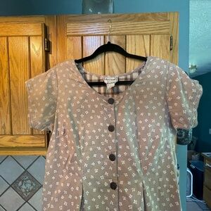 April Cornell Tan and White Floral Button Front Dress large
